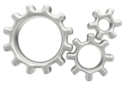 Three 3d gears made of metal. The concept of teamwork. 3d illustration, isolated on white background