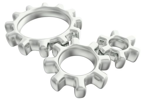 Three 3d gears made of metal. The concept of teamwork. 3d illustration, isolated on white background