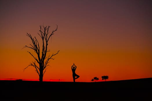 Woman meditation outdoors intense sunset tree silhouettes