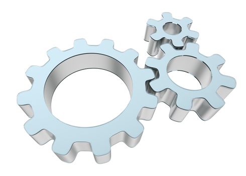 Three 3d gears made of metal and glass. The concept of teamwork. 3d illustration, isolated on white background