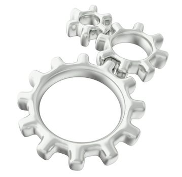 Three 3d gears made of metal. The concept of teamwork. 3d illustration, isolated on white background