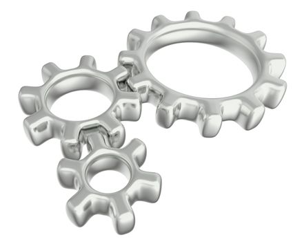 Three 3d gears made of metal. The concept of teamwork. 3d illustration, isolated on white background