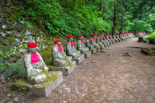 Narabi Jizo statues landmark in Kanmangafuchi abyss, Nikko, Japan