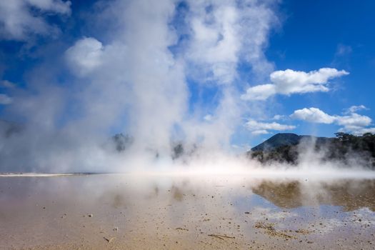 Steaming lake in Waiotapu geothermal area, Rotorua, New Zealand