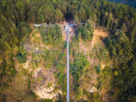Drone view of the suspension bridge over the Kali Gandaki river between Kushma and Balewa in Nepal