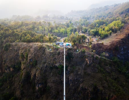 Drone view of the suspension bridge over the Kali Gandaki river between Kushma and Balewa in Nepal