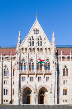 Side entrance of Hungarian Parliament building in Budapest, Hungary.