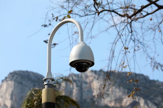Dome Type Outdoor CCTV Camera on Street Lamp in Monaco