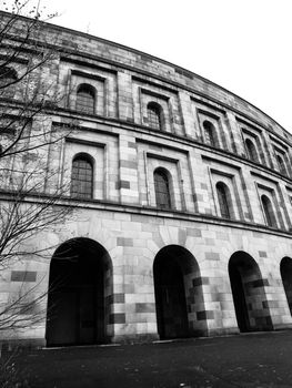 Detailed view of Nazi Congres Hall inspired by Colosseum, Nuremberg, Germany. Black and white image.