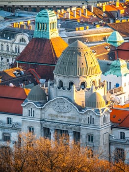Aerial view of Gellert thermal spa historical building from Gellert Hill, Budapest, Hungary, Europe.