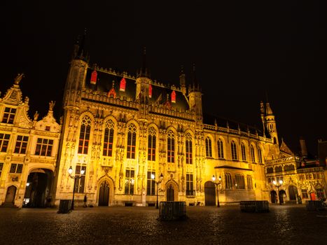 Burg square with the City Hall by night, Bruges, Belgium