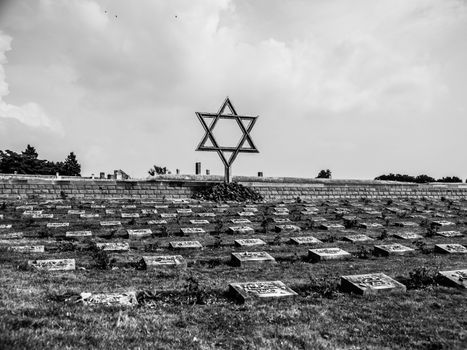 Cemetery near Small Fortress in Terezin, Czech Republic, black and white image