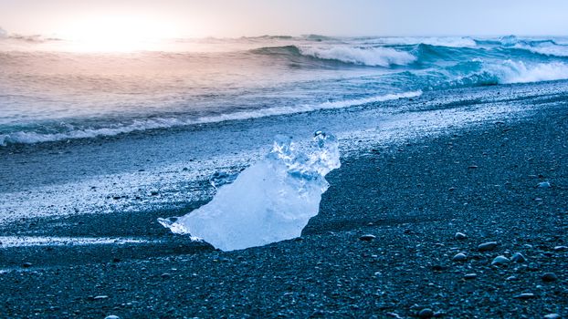 Icebergs sphashed by sea waves on black beach at sunrise time near Jokulsarlon glacier lake, Iceland.