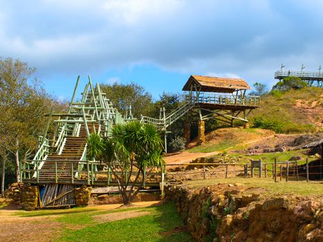 Wooden construction for tourists in archeological site of Fuere de Samaipata or Samaipata Fortress in Bolivia