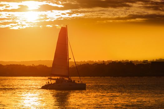 Boat in sunset, near San Diego, California, USA.