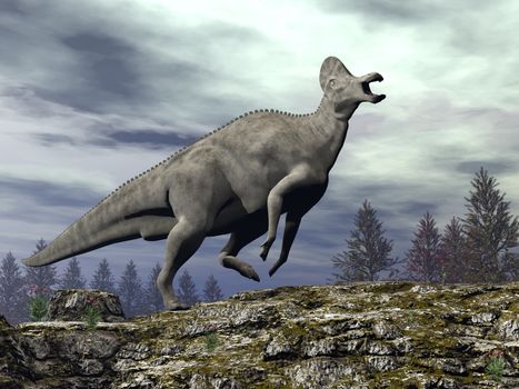 Corythosaurus dinosaur walking upon a rocky hill by cloudy day - 3D render