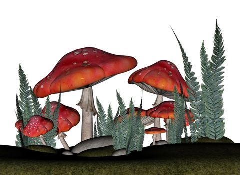 Red amanita muscaria mushrooms and vegetation isolated in white background - 3D render