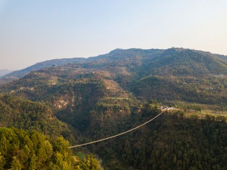 Drone view of the suspension bridge over the Modi river in Kushma, Nepal