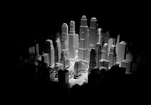 The middle of the 3d city is illuminated by a spotlight and around it is dark. 3d illustration. The concept of urban life and construction