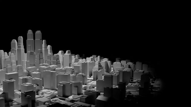 The middle of the 3d city is illuminated by a spotlight and around it is dark. 3d illustration. The concept of urban life and construction