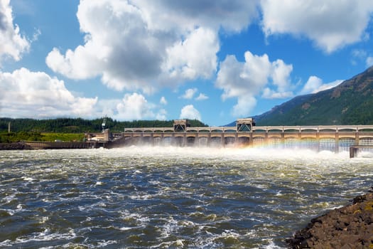 Bonneville Dam on Columbia River Gorge between Oregon and Washington