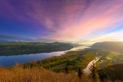 Sunrise Reflection over Columbia River Gorge between Oregon and Washington States