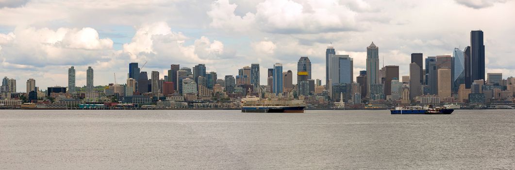 Seattle Washington city skyline along Elliott Bay Panorama