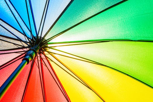 Bottom view of Rainbow umbrella texture background.