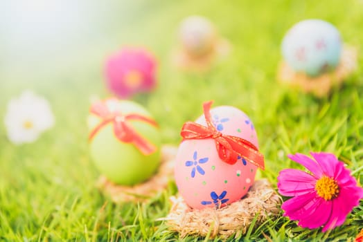 Happy easter!  Closeup Colorful Easter eggs in nest on green grass field during sunset background.