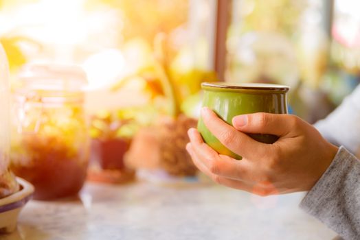 Woman hands holding hot cup of coffee or tea in morning.