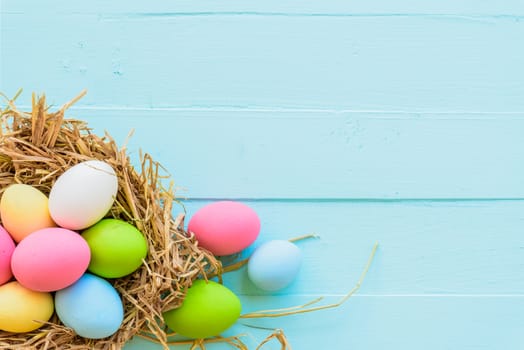 Colorful of Easter eggs in nest on pastel color bright blue and white wooden background.
