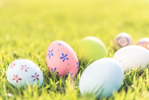 Happy easter!  Closeup Colorful Easter eggs on green grass field during sunset background.