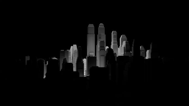 The middle of the 3d city is illuminated by a spotlight and around it is dark. 3d illustration. The concept of urban life and construction