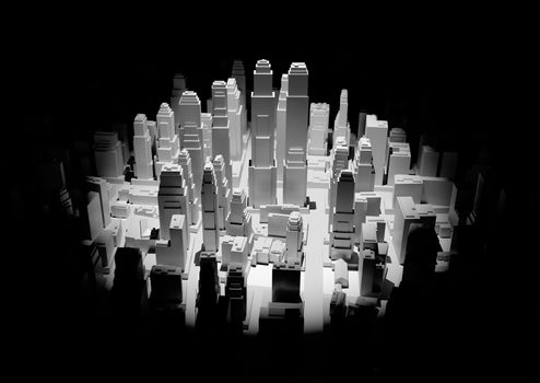 The middle of the 3d city is illuminated by a spotlight and around it is dark. 3d illustration. The concept of urban life and construction