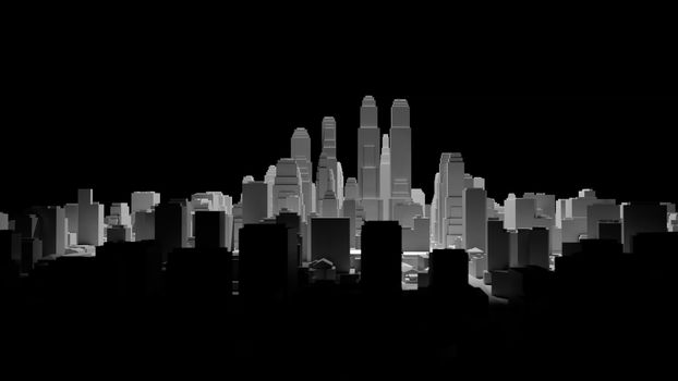 The middle of the 3d city is illuminated by a spotlight and around it is dark. 3d illustration. The concept of urban life and construction