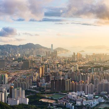 Hong Kong Skyline Kowloon from Fei Ngo Shan hill or Kowloon Viewing Point sunset panorama