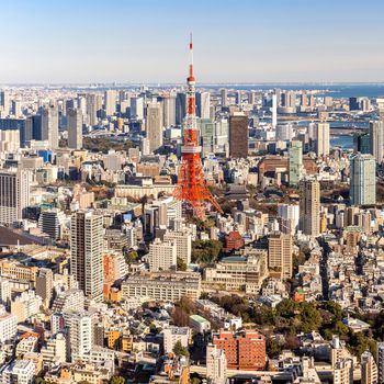 Tokyo Tower with skyline and Tokyo bay in background in Japan 