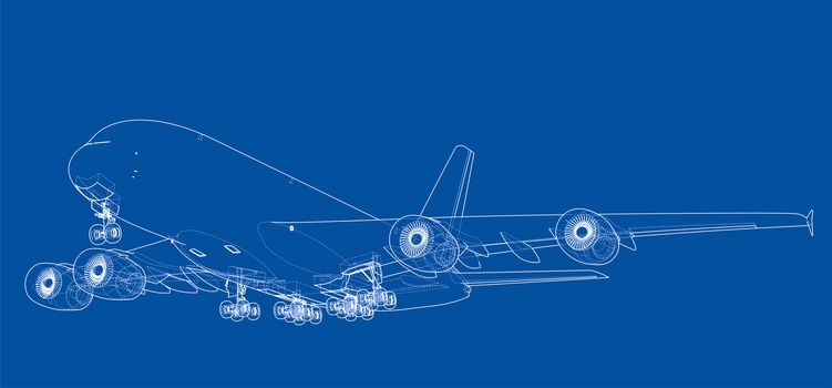 Passenger aircraft. 3d illustration. Wire-frame style. The layers of visible and invisible lines are separated