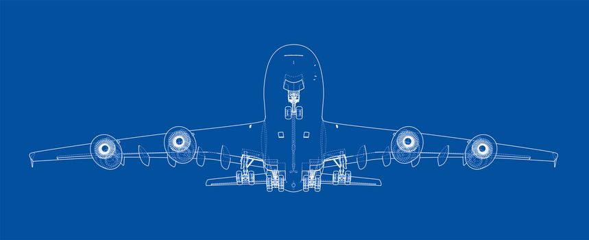 Passenger aircraft. 3d illustration. Wire-frame style. The layers of visible and invisible lines are separated