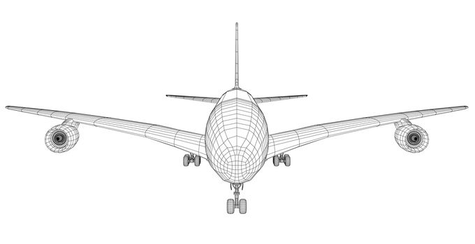 Passenger aircraft. 3d illustration. Wire-frame style. The layers of visible and invisible lines are separated