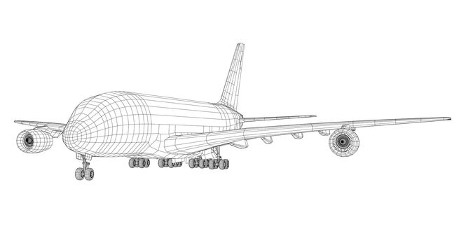 Passenger aircraft. 3d illustration. Wire-frame style. The layers of visible and invisible lines are separated
