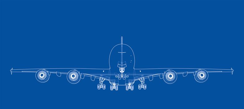 Passenger aircraft. 3d illustration. Wire-frame style. The layers of visible and invisible lines are separated