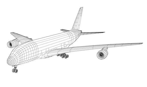 Passenger aircraft. 3d illustration. Wire-frame style. The layers of visible and invisible lines are separated