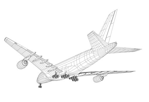 Passenger aircraft. 3d illustration. Wire-frame style. The layers of visible and invisible lines are separated