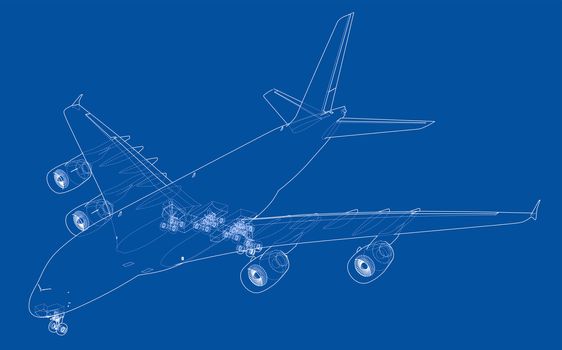 Passenger aircraft. 3d illustration. Wire-frame style. The layers of visible and invisible lines are separated