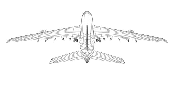 Passenger aircraft. 3d illustration. Wire-frame style. The layers of visible and invisible lines are separated