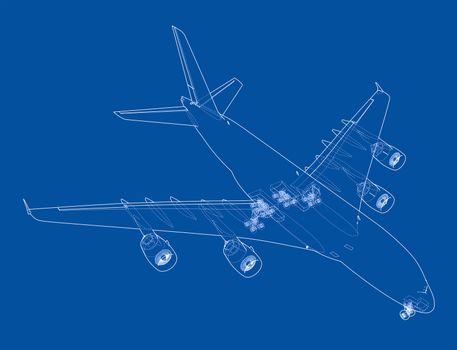 Passenger aircraft. 3d illustration. Wire-frame style. The layers of visible and invisible lines are separated