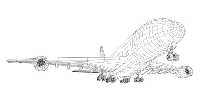 Passenger aircraft. 3d illustration. Wire-frame style. The layers of visible and invisible lines are separated