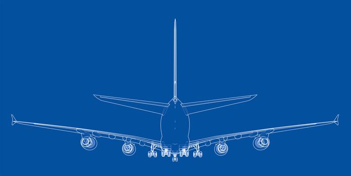 Passenger aircraft. 3d illustration. Wire-frame style. The layers of visible and invisible lines are separated