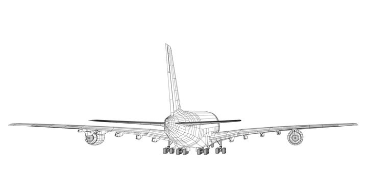 Passenger aircraft. 3d illustration. Wire-frame style. The layers of visible and invisible lines are separated